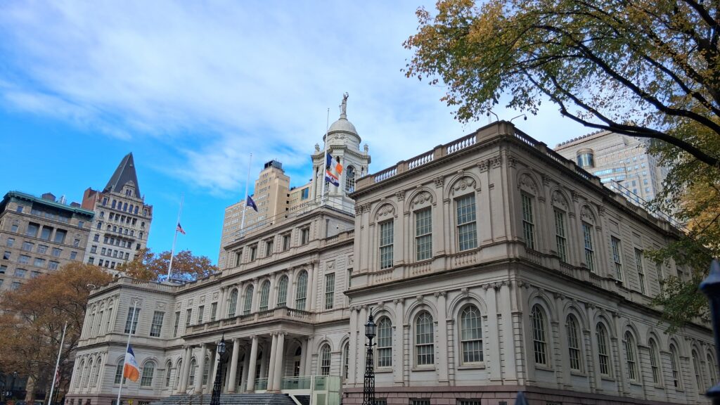 New York City Hall building in Lower Manhattan, representing municipal government authority
