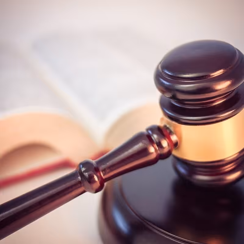 Judge’s gavel resting on a law book.