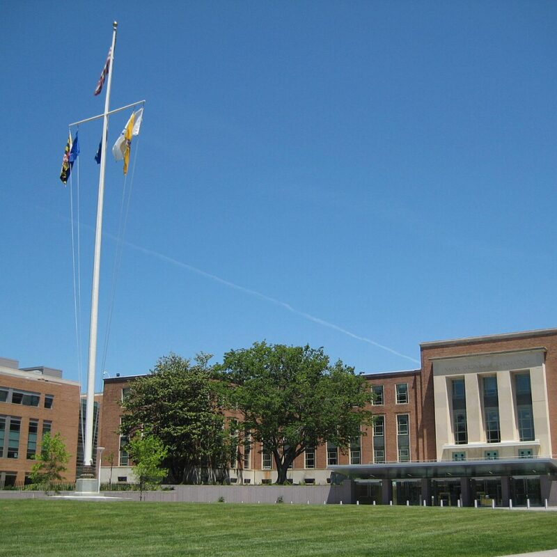 U.S. Food and Drug Administration Buildings 1 and 21 with American flag at White Oak Campus.