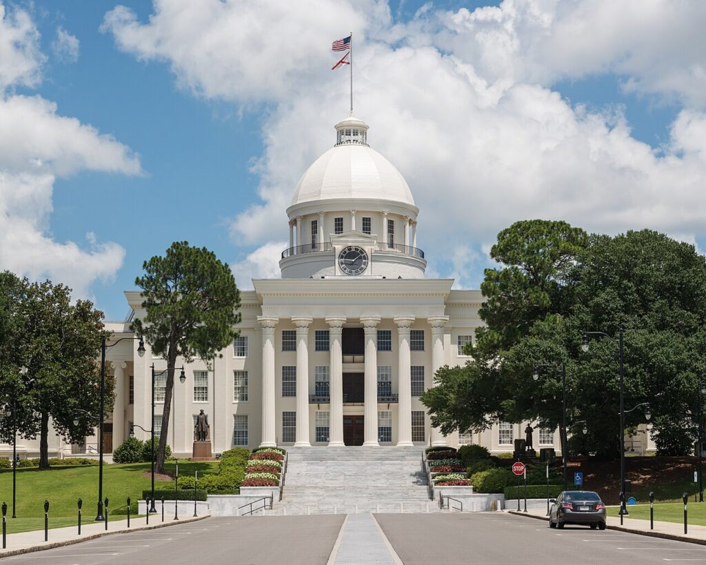 Exterior west view of the Alabama State Capitol in Montgomery.