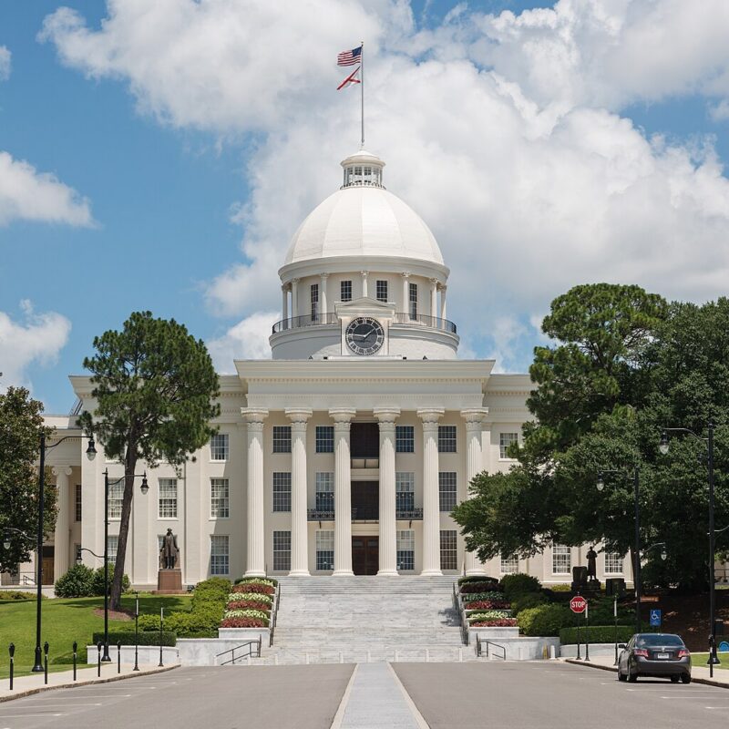 Exterior west view of the Alabama State Capitol in Montgomery.