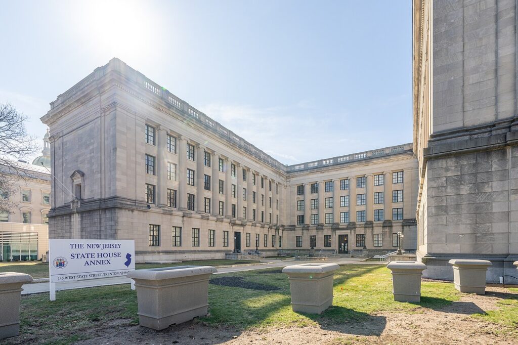 Exterior view of the New Jersey State House Annex in Trenton, New Jersey.