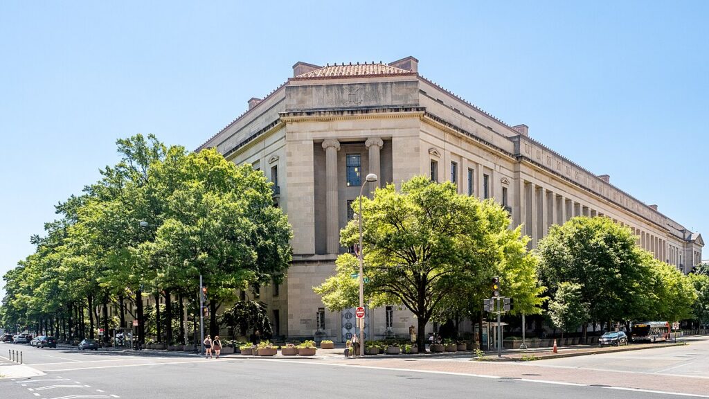 Exterior of the U.S. Department of Justice building in Washington, D.C.