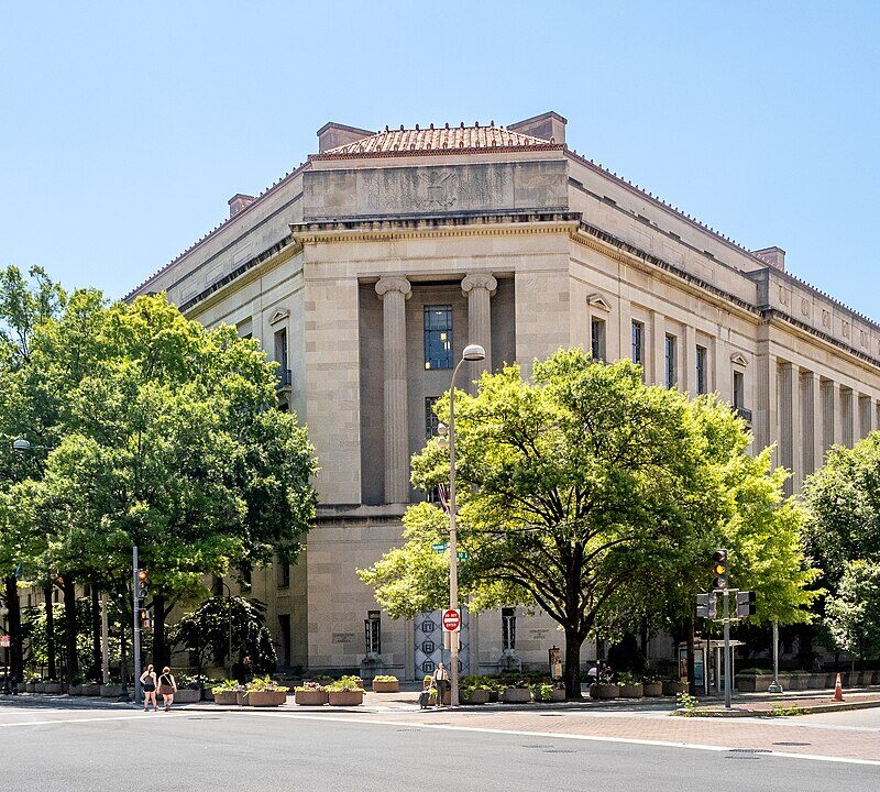 Exterior of the U.S. Department of Justice building in Washington, D.C.