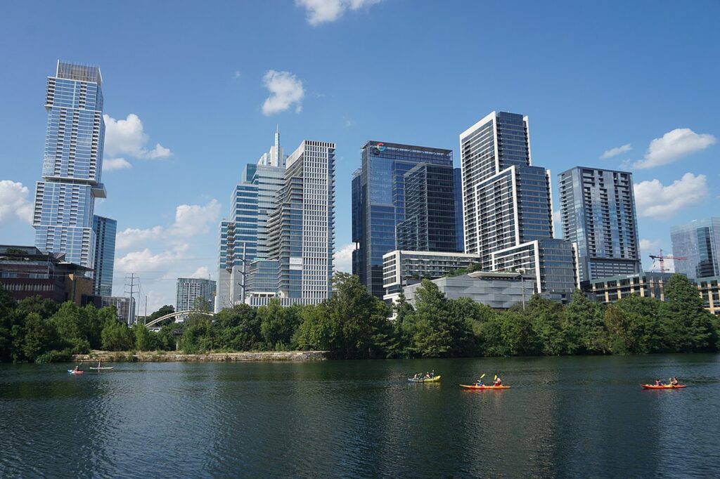 Austin skyline and Lady Bird Lake in Austin, Texas.