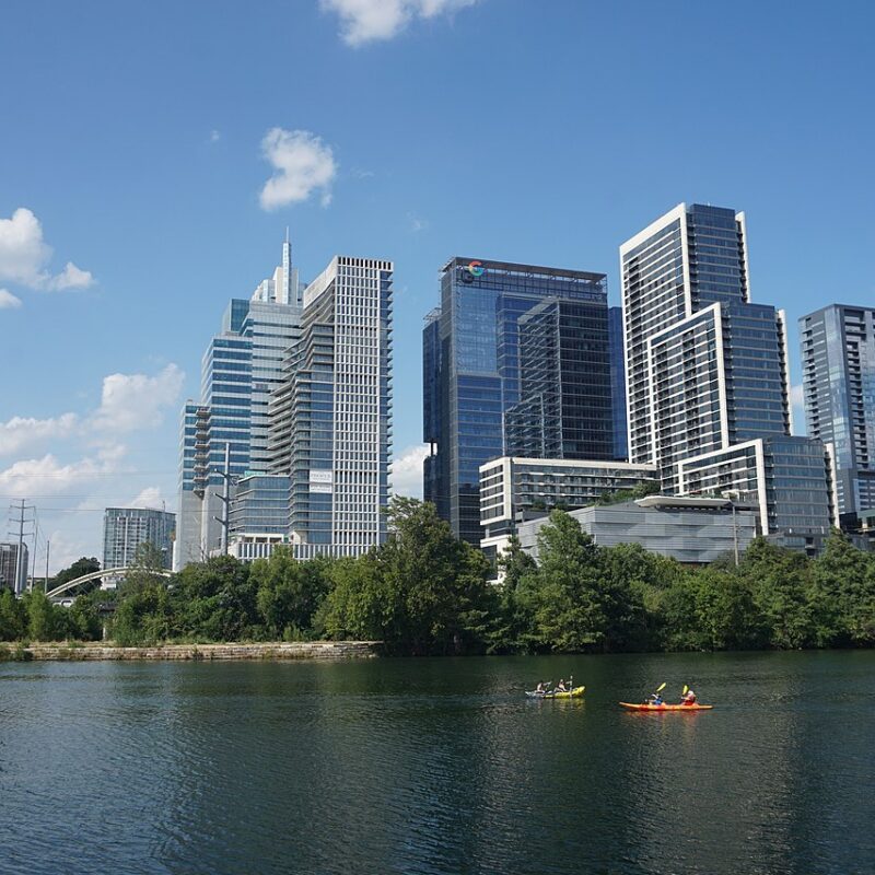 Austin skyline and Lady Bird Lake in Austin, Texas.