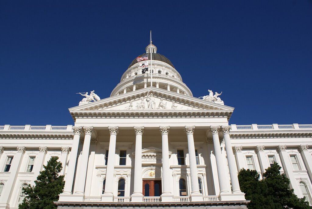 Exterior view of the California State Capitol in downtown Sacramento, California.