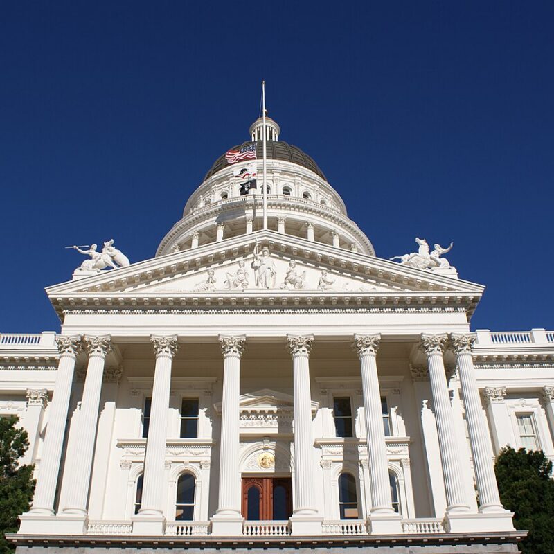 Exterior view of the California State Capitol in downtown Sacramento, California.