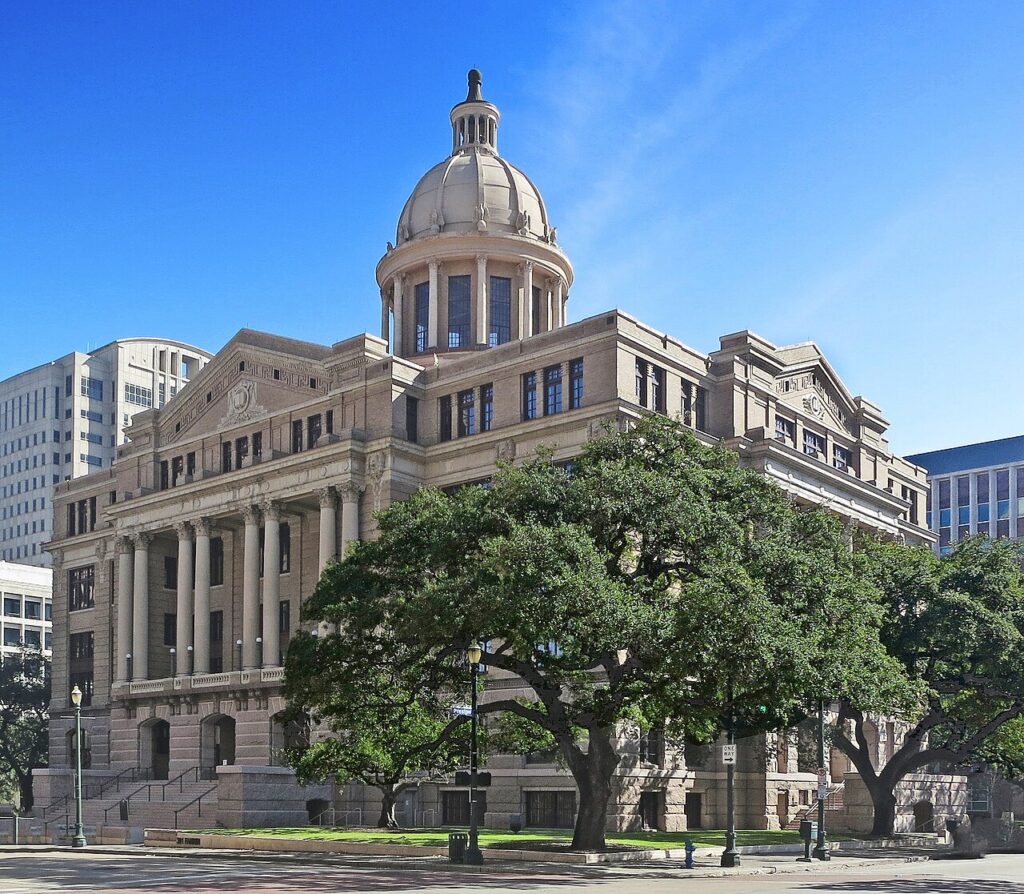 x Exterior view of the restored Harris County 1910 Courthouse in Houston, Texas.