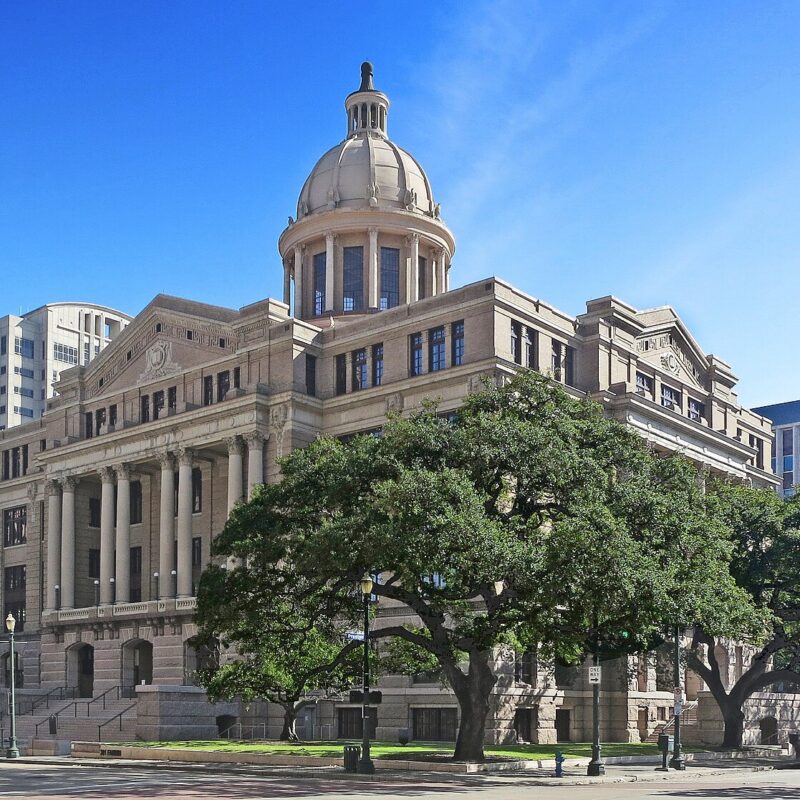 x Exterior view of the restored Harris County 1910 Courthouse in Houston, Texas.