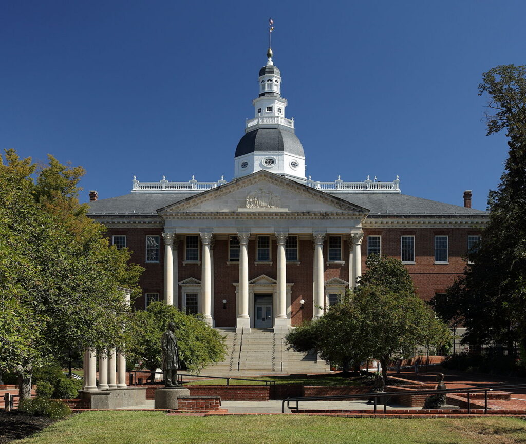 Maryland State House viewed from College Avenue in Annapolis.