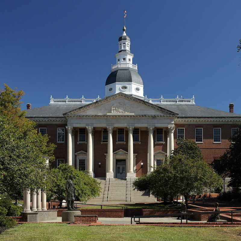 Maryland State House viewed from College Avenue in Annapolis.