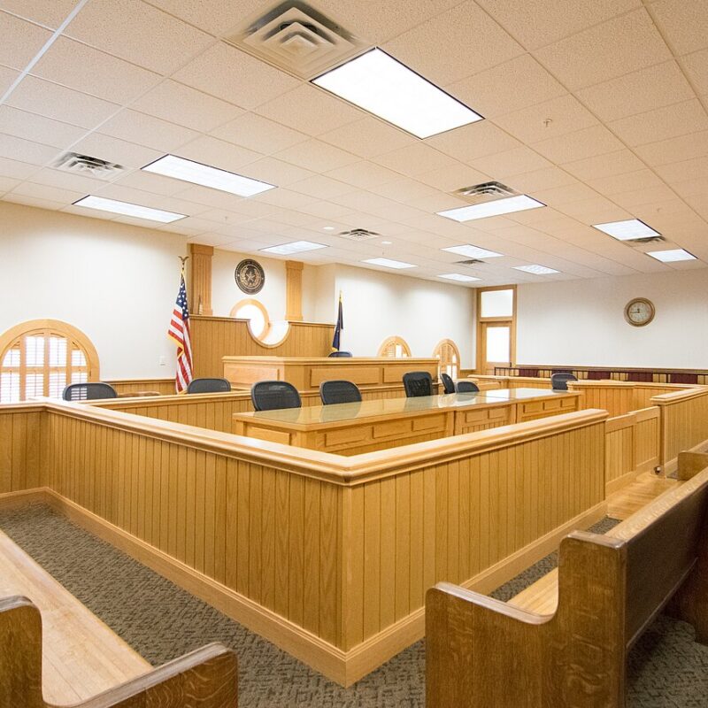Interior courtroom at the Robertson County Courthouse in Franklin, Texas.