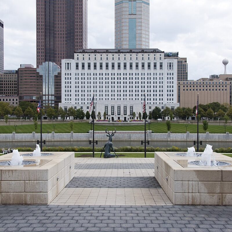 Wide view of the Thomas J. Moyer Ohio Judicial Center and surrounding state office buildings in downtown Columbus, Ohio.