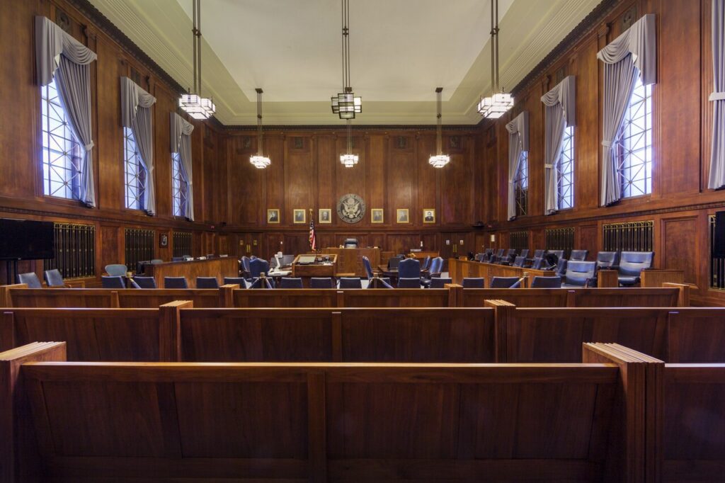 Courtroom inside the Robert A. Grant Federal Building and U.S. Courthouse in South Bend, Indiana.