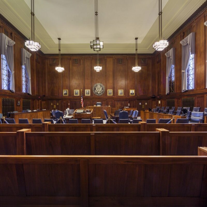 Courtroom inside the Robert A. Grant Federal Building and U.S. Courthouse in South Bend, Indiana.