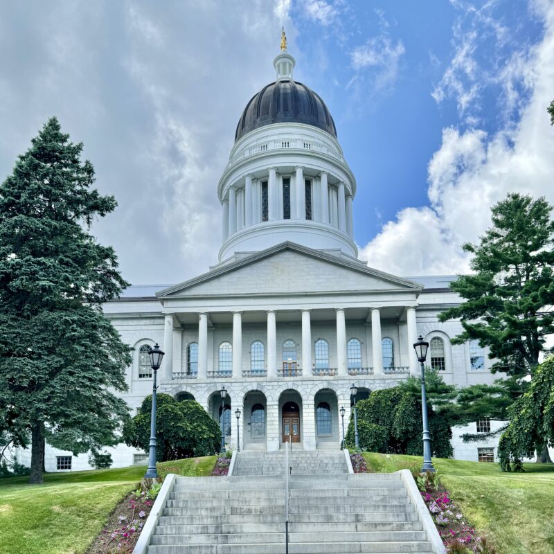 Exterior view of the Maine State House in Augusta, Maine.