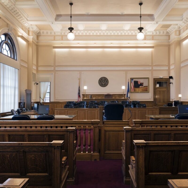 Courtroom inside the C. Bascom Slemp Federal Building in Big Stone Gap, Virginia.